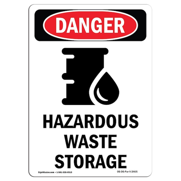 Safety Sign, OSHA Danger, 5" Height, Hazardous Waste Storage, Portrait, 10PK